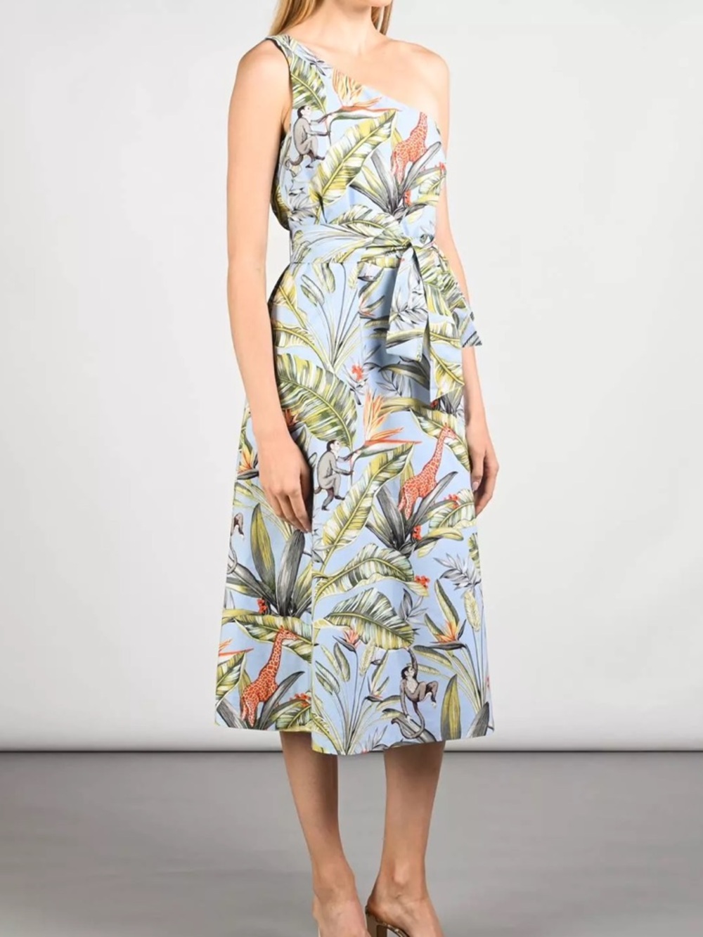 Ann Taylor One-Shoulder Light Blue Tropical Maxi Dress with Jungle Print Size 14